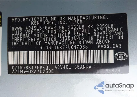 2007 Toyota Camry Le from USA, damaged, VIN 4T1BE46K77U617968